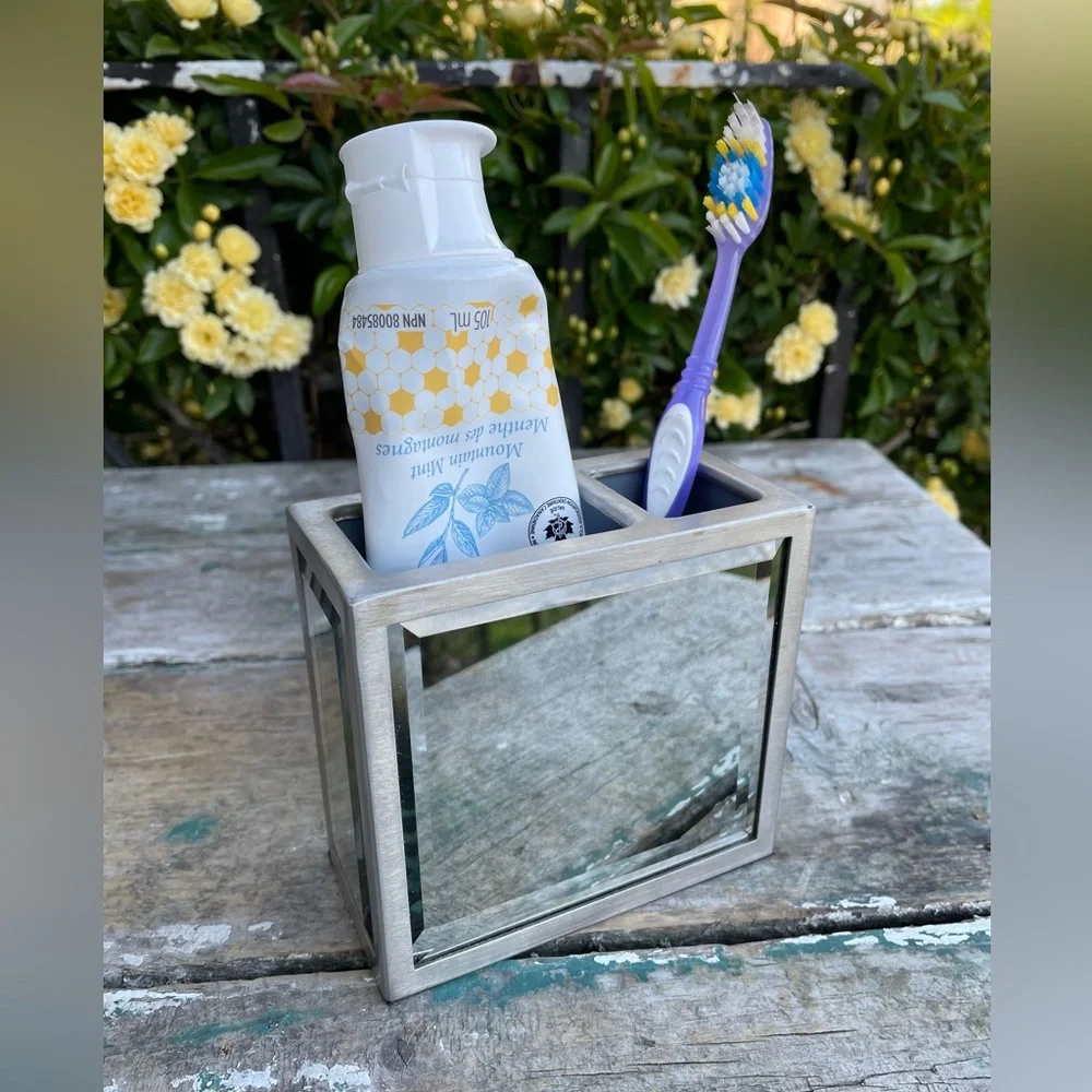 Silver mirror toothbrush holder